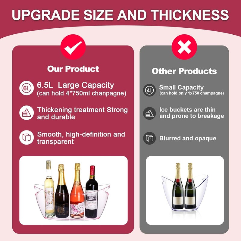 tchrules Ice Buckets for Parties, 2 PCS Acrylic Champagne Beverage with 2 Ice Bucket Scoop, Drinks Buckets Tub for Cocktail Bar, Long and Narrow 5.5 Liter Bucket for Party(5.5L) (Pink) - Image 5